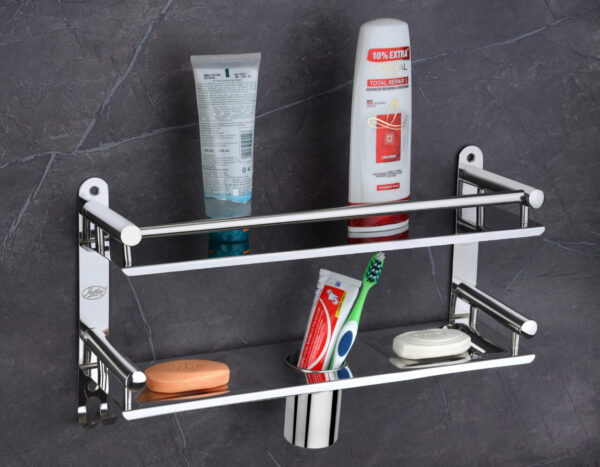 1 Layer Shelf With Dual Soap Case, Tumbler Holder & Hooks
